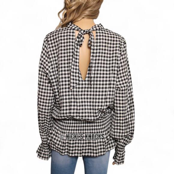 Gingham Smocked Waist Long Sleeve Blouse Black White Check H&M Top Size 14 - Picture 4 of 8